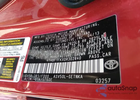 2013 Toyota Camry Le z USA, uszkodzony, nr VIN 4T4BF1FKXDR302840